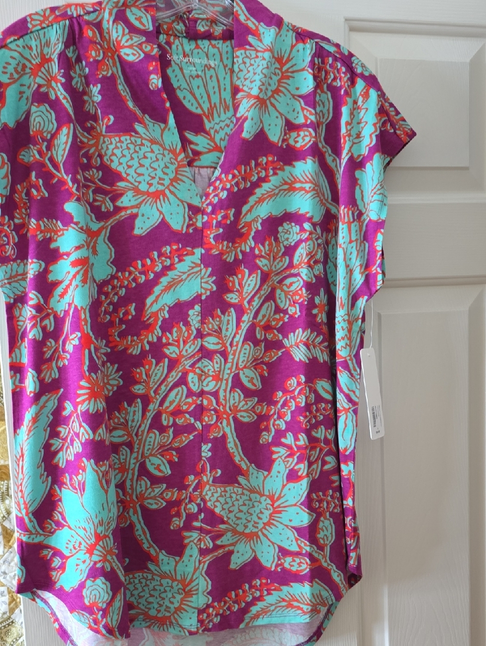 Soft Surroundings Magenta and Aqua Floral V-Neck Blouse